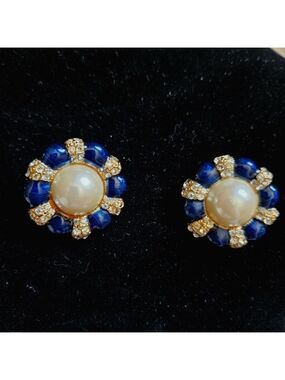 Vintage Gay Boyer Faux Pearl, Enamel and Crystal Clip-on Earrings